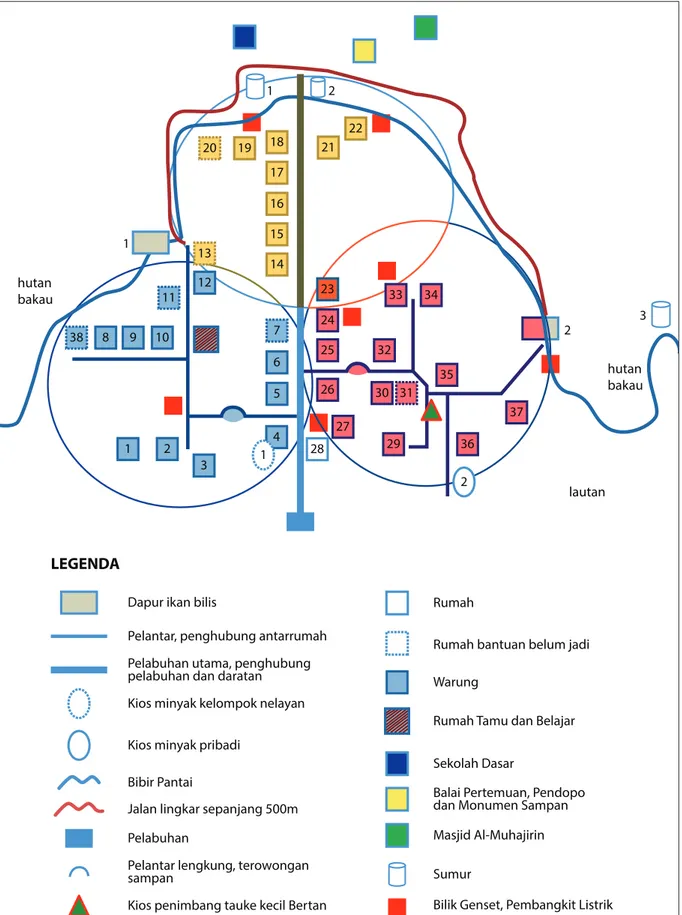 Gambar 5.  Konfigurasi pemukiman Orang Laut menurut aliansi kekerabatan (denah tahun 2013)