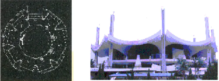 GAMBAR  4. Reka bentuk pelan Masjid Seremban (kiri) berdasarkan sembilan daerah di Negeri Sembilan; manakala bumbungnya yang melengkung (kanan)