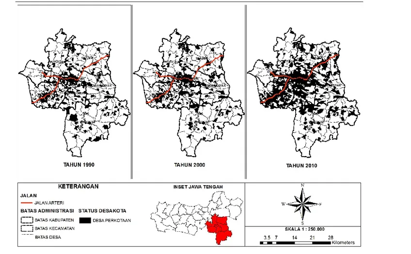 Gambar 2. Perkembangan Kawasan Perkotaan pada Kawasan Metropolitan Surakarta Tahun 1990, 2000 dan 2010