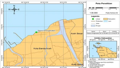 Gambar 1. Peta lokasi penelitian di Pante Syiah Kuala, Banda Aceh. 
