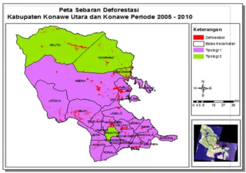 Gambar 5.  Sebaran deforestasi tahun 2005-2010 di Kabupeten Konawe Utara dan konawe 
