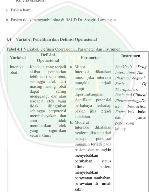 Tabel 4.1 Variabel, Definisi Operasional, Parameter dan Instrumen  Variabel  Defisini 