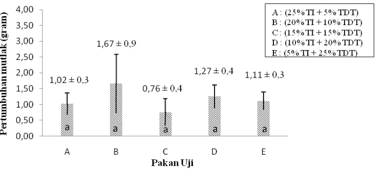 Gambar 1.  Pertumbuhan mutlak berat patin (Pangasius sp.) pada substitusi tepung ikan (TI) dengan tepung daging dan tulang (TDT) 