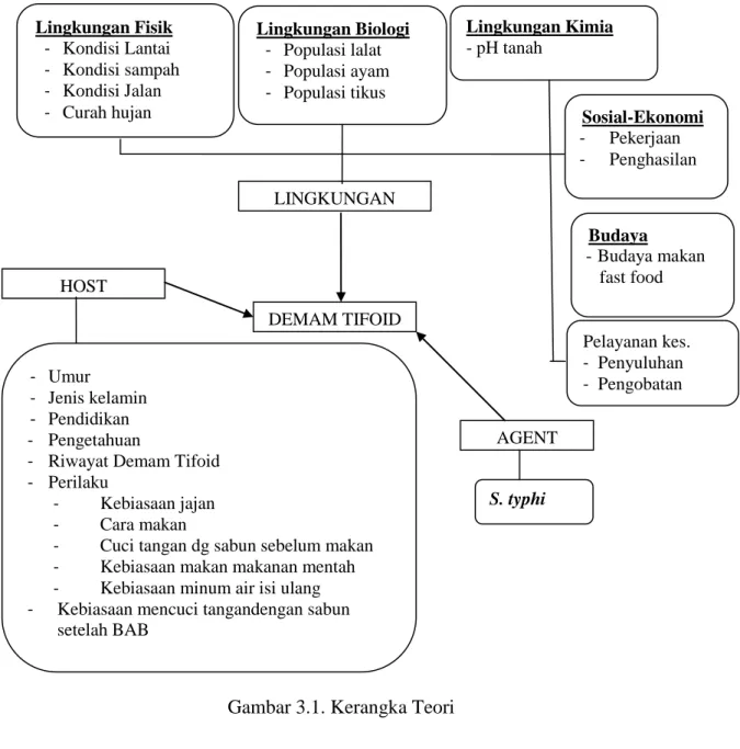 Gambar 3.1. Kerangka Teori DEMAM TIFOID  AGENT HOST LINGKUNGAN Lingkungan Fisik -  Kondisi Lantai -  Kondisi sampah -  Kondisi Jalan -  Curah hujan Lingkungan Biologi -  Populasi lalat -  Populasi ayam -  Populasi tikus  Lingkungan Kimia - pH tanah -  Umur