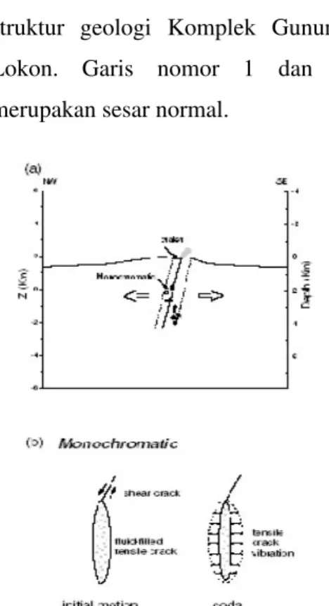 Gambar  8a  merupakan  ilustrasi  lokasi  hiposenter  dari  gempa  monokromatik  dengan  garis   putus-putus  yang  menunjukkan  zona  rekahan  (fracture  zone)