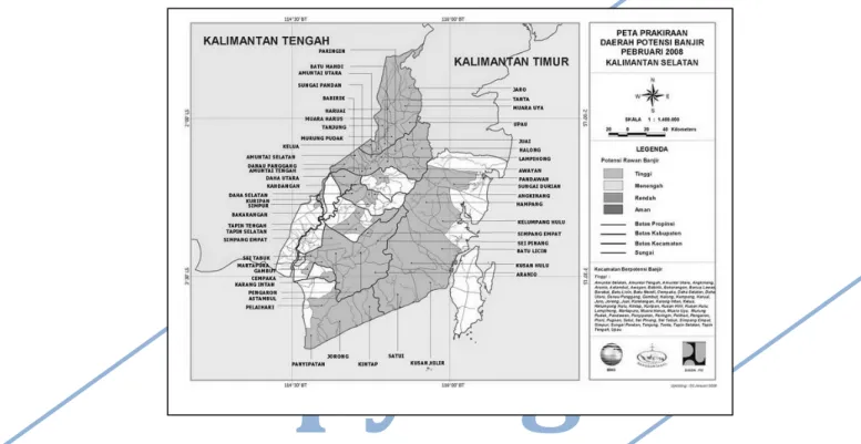 Gambar 3 ± Peta Prakiraan Daerah Potensi Banjir di Kalimantan Selatan pada bulan  Pebruari 2008, menunjukkan bahwa sebagian besar wilayah ini memiliki kerawanan 