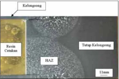 Gambar  9. Foto makro hasil metalografi yang memperlihatkan bentuk pola HAZ  pada daerah sambungan las antara kelongsong dan tutup kelongsong  