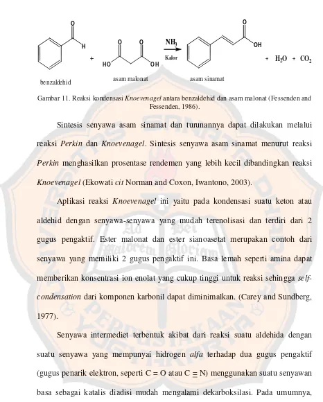 Gambar 11. Reaksi kondensasi Knoevenagel antara benzaldehid dan asam malonat (Fessenden and