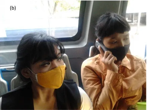 Gambar 3.   Foto orang menggunakan penutup muka: (a) di atas motosikal; dan (b) di dalam bas Trans Jakarta
