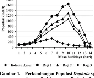 Gambar 1.  Perkembangan Populasi Daphnia sp  dengan Perlakuan yang Berbeda.  gi 1: 1 g untuk 80 000 Daphnia sp  gi 2: 1 g untuk 40 000 Daphnia sp   Ra-gi 3: 1 g untuk 20.000 Daphnia sp
