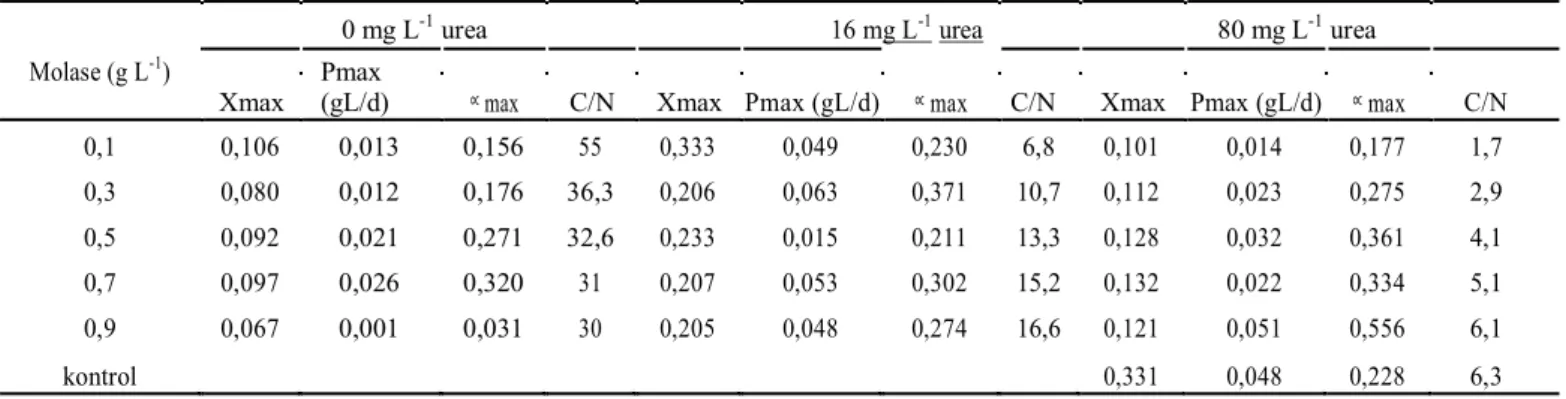 Tabel 2. Parameter Pertumbuhan Spirulina platensis yang dibiakkan pada varias konsentrasi molase dan urea  Molase (g L -1 ) 