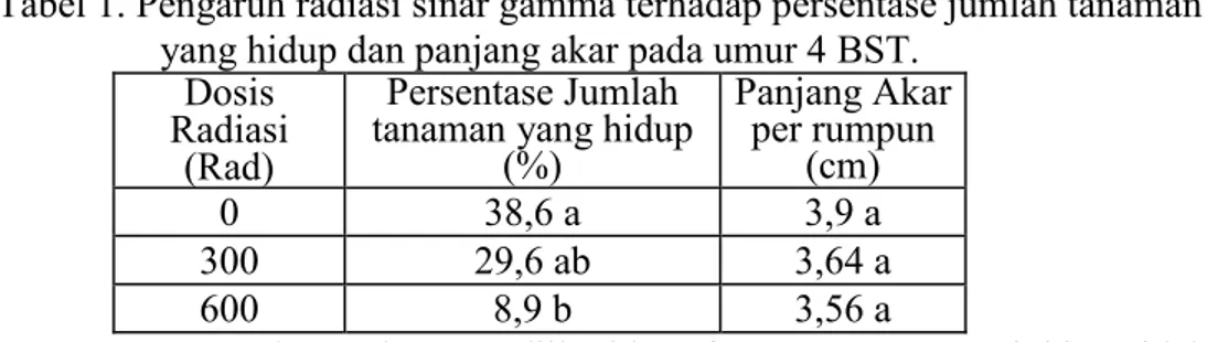 Tabel 1. Pengaruh radiasi sinar gamma terhadap persentase jumlah tanaman  yang hidup dan panjang akar pada umur 4 BST