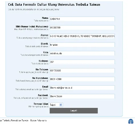 Gambar 4.  Pengecekan Data formulir pribadi registrasi online UT di Taiwan 