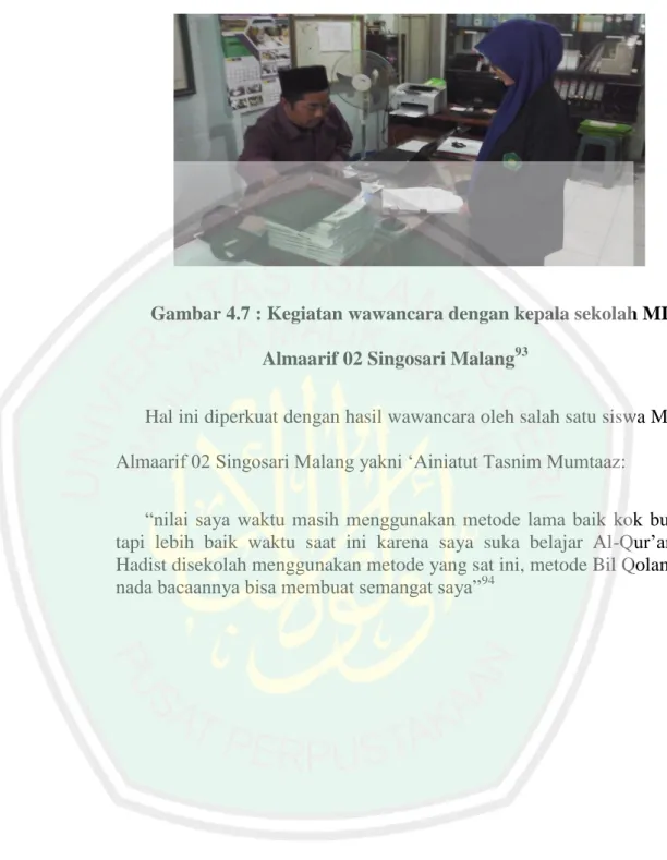 Gambar 4.7 : Kegiatan wawancara dengan kepala sekolah MI  Almaarif 02 Singosari Malang 93
