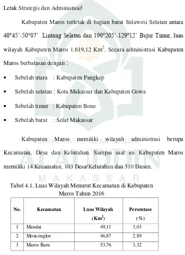 Tabel 4.1. Luas Wilayah Menurut Kecamatan di Kabupaten 