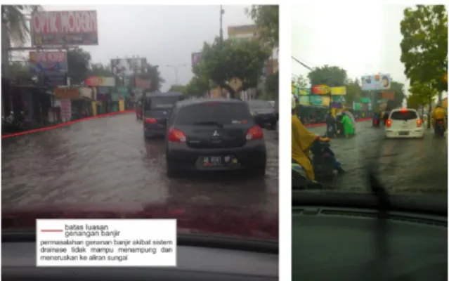 Gambar 1. Foto Genangan yang terjadi di  Jalan Solo dekat Hotel Ambarukmo (kiri) pada  Bulan Desember 2015 dan (kanan) pada Bulan  Januari 2015 (Foto Pribadi, diambil oleh Novan)
