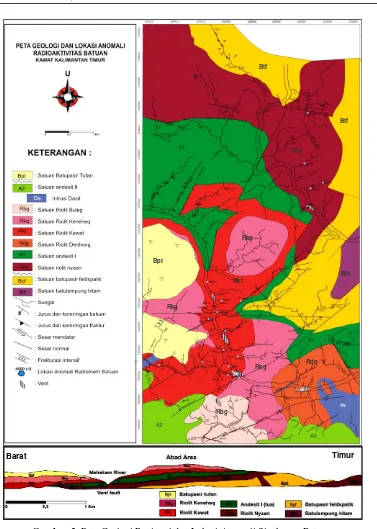 Gambar 2. Peta Geologi Regional dan Lokasi Anomali Singkapan Batuan, Daerah Kawat, Mahakam Hulu, Kalimantan Timur[1]
