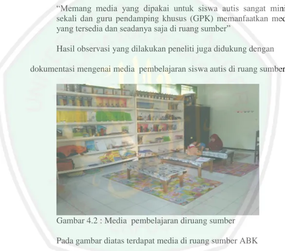 Gambar 4.2 : Media  pembelajaran diruang sumber    Pada gambar diatas terdapat media di ruang sumber ABK 