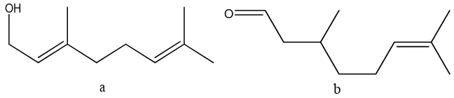 Gambar 4. Struktur a. Geraniol, b. Sitronelal (Guenther E., 1950) 
