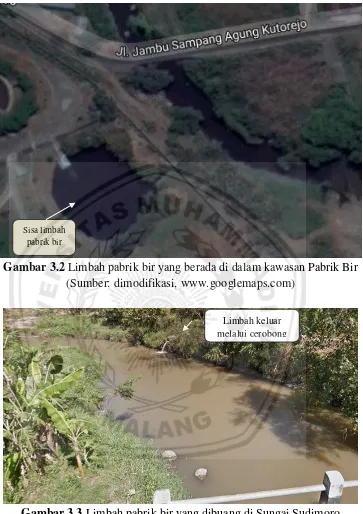 Gambar 3.3 Limbah pabrik bir yang dibuang di Sungai Sudimoro (Sumber: dimodifikasi, www.googlemaps.com) 