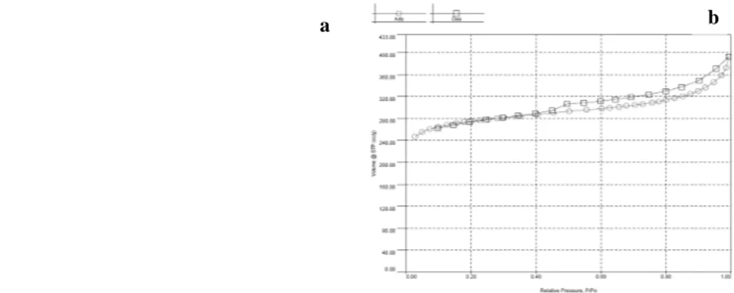 Gambar 1. (a) Grafik Distribusi pori dan (b) Grafik Adsorpsi-Desoprsi Isotermal N 2