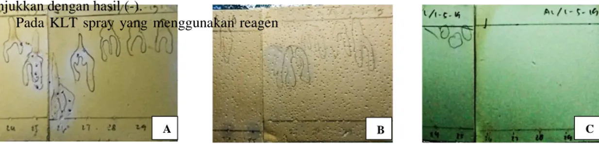 Gambar 1 Hasil KLT Spray pada Fraksi 24-30Alang-alang; A. KLT spray dengan reagent  dragendroff; B