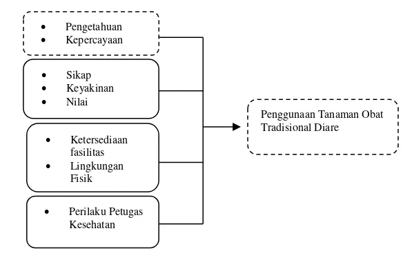 Gambar 1. Kerangka Teori Pemanfaatan tanaman obat tradisional anti diare pada Suku Dayak Dusun Deyah di Kecamatan Muara Uya Kabupaten Tabalong (Teori Lawrence Green7)  