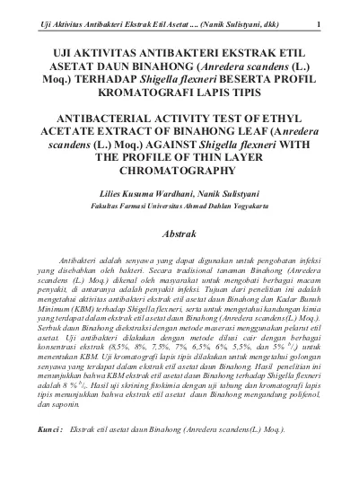 UJI AKTIVITAS ANTIBAKTERI EKSTRAK ETIL ASETAT DAUN BINAHONG (Anredera ...