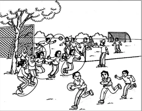 Gambar di bawah menunjukkan aktiviti-aktiviti di sebuah padang sekolah. 