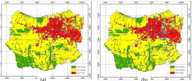 Gambar 4. Sebaran spasial Leptospirosis ( ) Tahun 2008 (a) dan Tahun 2009 (b), ditumpangkan  )  pada    Zona Tingkat Kerawanan Leptospirosis di Kota Semarang.