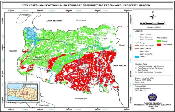 Gambar 4. Peta Kesesuaian Potensi Lahan Pertanian terhadap Produktivitas Pertanian di Kabupaten  Sragen 