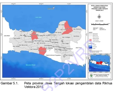 Gambar 5.1. Peta provinsi Jawa Tengah lokasi pengambilan data Rikhus Vektora 2015 Beberapa penyakit tular vektor yang dilaporkan di Provinsi Jawa Tengah tahun 2014 adalah Malaria, Demam Berdarah Dengue (DBD), dan Filariasis