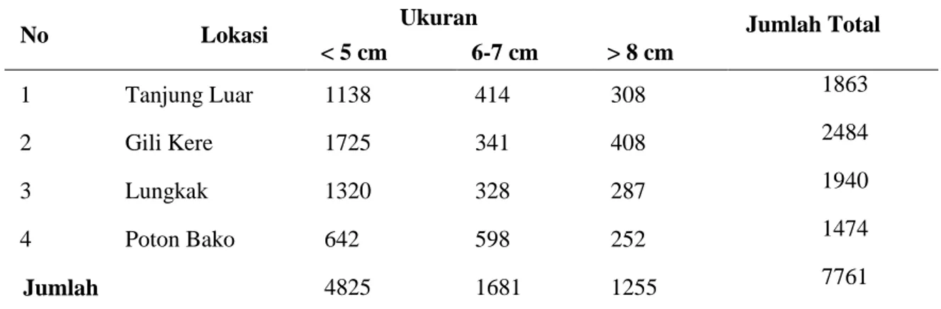 Tabel 1 Komposisi sotong berdasarkan ukuran (cm) yang diperoleh pada lokasi studi. 