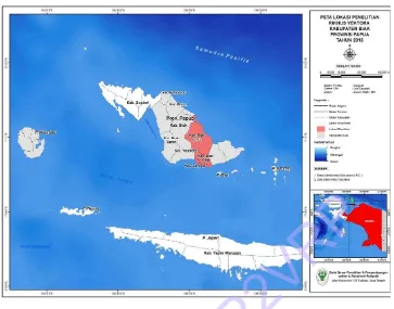 Gambar 5. 2 Peta Lokasi Penelitian Rikhus Vektora Kabupaten Biak Numfor Provinsi Papua Tahun 2015 rendah, sebagian dataran tinggi dan kepulauan dengan ketinggian di atas permukaan laut (dpl) sebagai berikut: Keadaan iklim ini sangat dipengaruhi oleh kebera