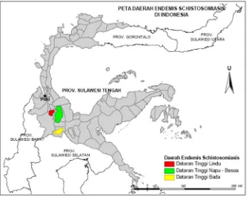Gambar 1. Persebaran daerah endemis schistosomiasis di Indonesia  (Sumber: Balai Litbang P2B2 Donggala) 