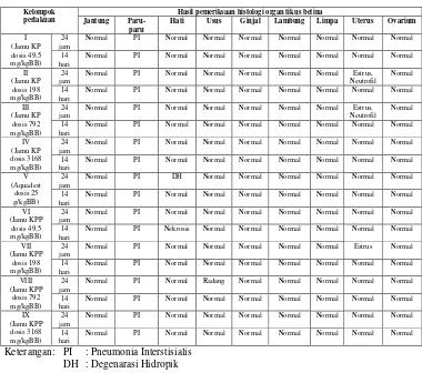 Tabel VII. Hasil pemeriksaan histologi beberapa organ tikus betina akibat pemejanan suspensi jamu KP dan KPP, pengamatan 24 jam dan 14 hari 