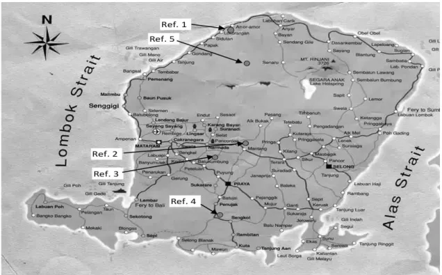 Gambar 1. Peta Lokasi Pengamatan Profil Tanah Referensi (tanpa skala). Ref. 1 (Ustorthents) di Desa  Kayangan  -  KLU  (8 o 15’38.68”  S;  116 o 15’15.58”  T);  Ref