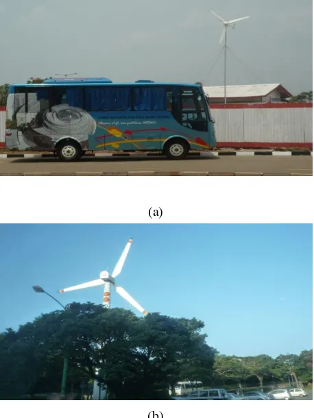 Fig. 5. (a) 100 kW wind turbine installed at the car park of Surya Research & Education Centre, Serpong, Indonesia; (b) Wind turbine at a car park in Jeju Island, South Korea 