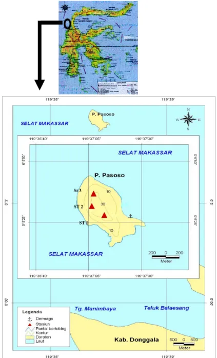 Gambar 1.  Peta lokasi Pengambilan Contoh Kepiting Kelapa di Pulau Pasoso (Sulawesi Tengah).