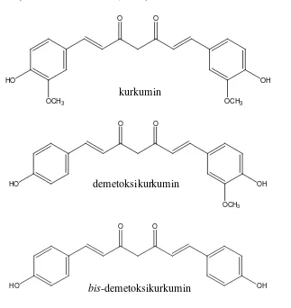 Gambar 1. Struktur molekul kurkuminoid (Aggarwal, Bhatt, Ichikawa, Ahn, Sethi,Sandur, Natarajan, Seeram, dan Shishodia, 2006)