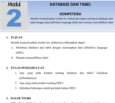 tabel. Yang termasuk dalam kelompok perintah DDL adalah : CREATE, ALTER