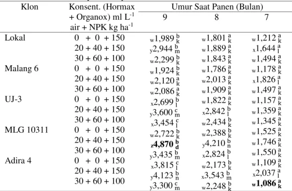Tabel 1.  Rata-rata bobot umbi (kg) per pohon lima klon ubikayu pada konsentrasi  zat  pengatur  tumbuh  Hormax  +  pupuk  mikroba  Organox  dan  umur  tanaman ubikayu saat dipanen