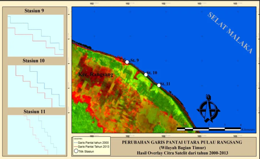 Gambar 3. Perubahan Garis Pantai Utara Pulau Rangsang (Wilayah Bagian Timur) dari tahun 2000-2013.