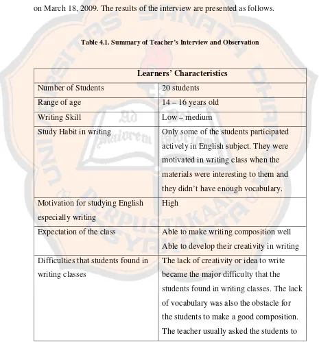 Table 4.1. Summary of Teacher’s Interview and Observation