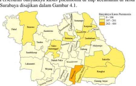 Gambar 4.1 Persebaran Kecamatan Menurut Banyaknya Kasus Pneumonia di  Kota Surabaya Tahun 2014 