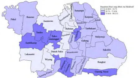 Gambar 4.5 Persebaran Kecamatan Menurut Persentase Bayi yang diberi ASI  Eksklusif di Kota Surabaya Tahun 2014 