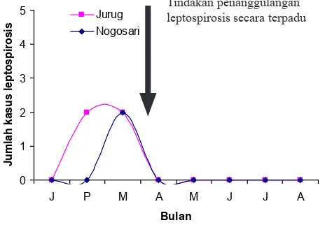 Gambar 3. Fluktuasi kasus leptospirosis dan intervensi di daerah studi (Dusun Jurug dan Nogosari), 201l