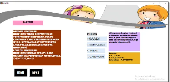 Gambar 3. Definisi himpunan, contoh himpunan, dan subset pada media pembelajaran  GUI Matlab 