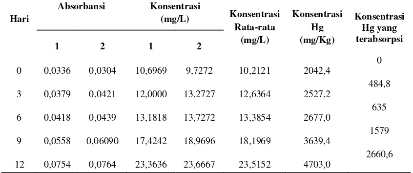 Tabel 4.1 Kandungan Hg yang terserap tanaman paku pakis (pteris vittata) 
