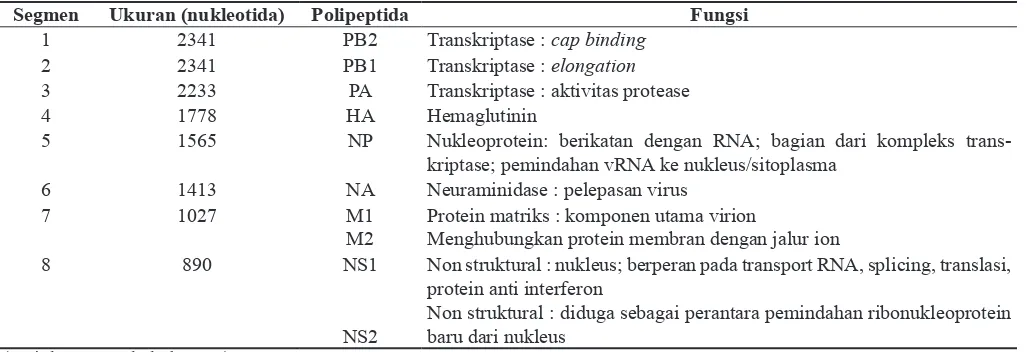 Tabel 1. Segmen, ukuran, gen dan protein virus influenza A H5N1